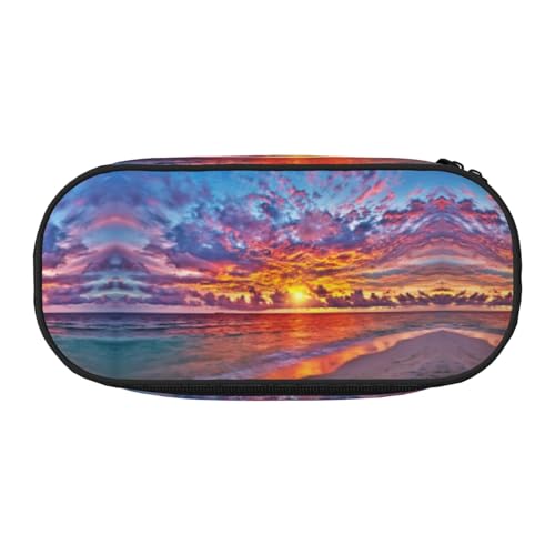 CHANGLEI Sunset Seaside Federmäppchen mit doppeltem Reißverschluss und 4 Stiftfächern, Netztasche, bedruckt, leicht, strapazierfähiges Polyester, Federmäppchen für Schule, Büro oder Make-up-Organizer von CHANGLEI