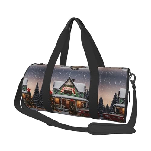 Farmhouse Weihnachts-Reisetasche für Damen und Herren, bedruckt, Polyester, runde Gepäcktasche mit Schultergurt, Schwarz , Einheitsgröße von CHANGLEI