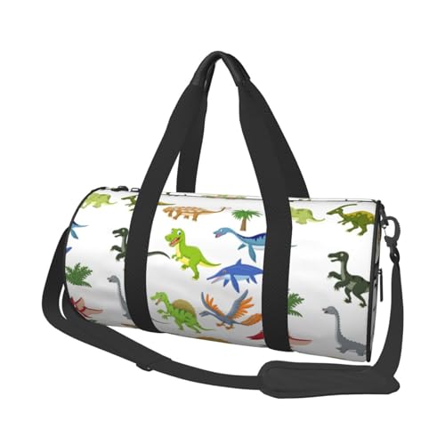 Reisetasche mit Cartoon-Dinosaurier-Bildern, für Damen und Herren, bedruckt, Polyester, runde Gepäcktasche mit Schultergurt, Schwarz , Einheitsgröße von CHANGLEI