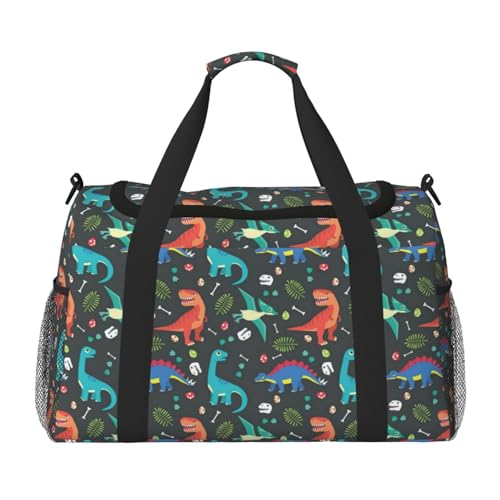 Reisetasche mit Cartoon-Dinosaurier-Motiv für Damen und Herren, bedruckt, Polyester, Handgepäcktasche mit Schultergurt, Schwarz , Einheitsgröße von CHANGLEI