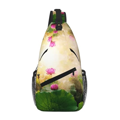 Schöne Unisex-Brusttasche mit Lotusblumen-Design, großes Fassungsvermögen, strapazierfähiges Polyester, verstellbarer Riemen für den täglichen Pendler von CHANGLEI