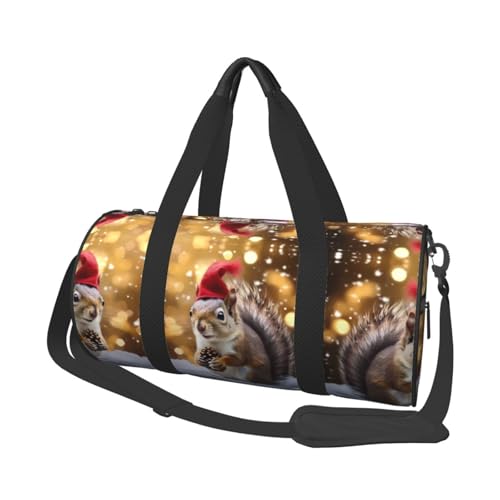 Weihnachts-Eichhörnchen-Reisetasche für Damen und Herren, bedruckt, Polyester, runde Gepäcktasche mit Schultergurt, Schwarz , Einheitsgröße von CHANGLEI