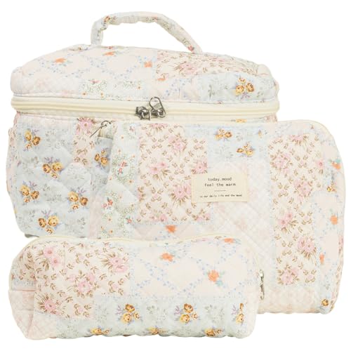 3 Stück Baumwoll-Stepp-Make-up-Tasche mit Reißverschluss, Damen-Kosmetiktasche, Kulturbeutel, Organizer, Tasche, niedliche Tasche, Reisetasche von CHANGYUE