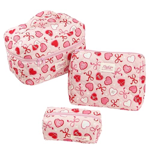 CHANGYUE 3er Set Gesteppte Make-up-Taschen mit Blumenmuster, Kosmetiktasche, Reise-Organizer mit großer Kapazität for Frauen und Mädchen (Love XO-M) von CHANGYUE