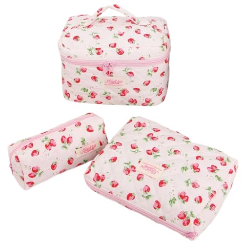 CHANGYUE 3er Set gestepptes Make-up-Täschchen, Kosmetikbeutel mit Blumenmuster, Reisetaschen mit großer Kapazität for Frauen und Mädchen (Erdbeere) von CHANGYUE