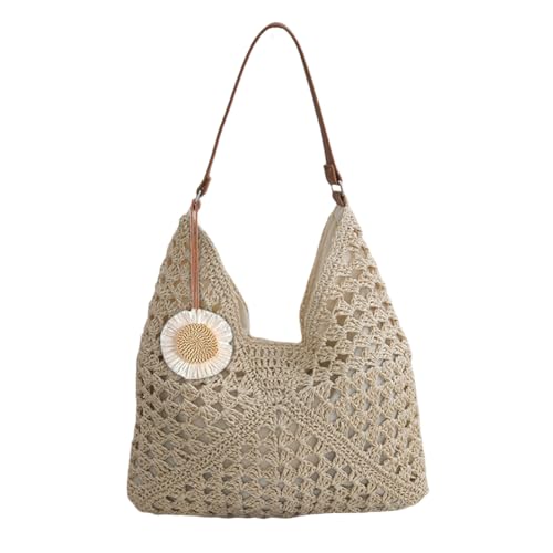 CHANGYUE Frauen Strohstrand Schulter Tasche mit Sonnenblumen Anhänger Sommerhandtasche (Beige) von CHANGYUE