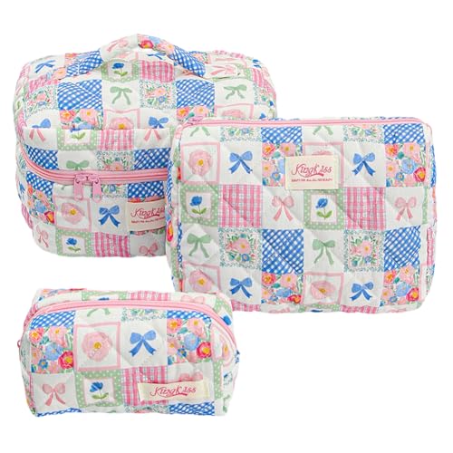 CHANGYUE Gestepptes Make-up-Taschen-Set, 3-teilig, Blumenmuster, Kosmetikbeutel mit großer Kapazität for Frauen und Mädchen (Steppbogen) von CHANGYUE