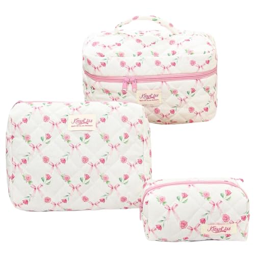 CHANGYUE Make-up-Tasche, 3er Set Gesteppte Blumen-Kosmetiktaschen, Reise-Organizer mit großer Kapazität for Frauen und Mädchen (Bogenrosen) von CHANGYUE