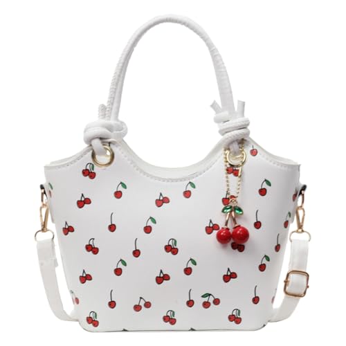 CHANGYUE PU Leder Eimer Top-Griff-Tasche Frauen Cherry Crossbody Bag & Anhänger (weiß) von CHANGYUE
