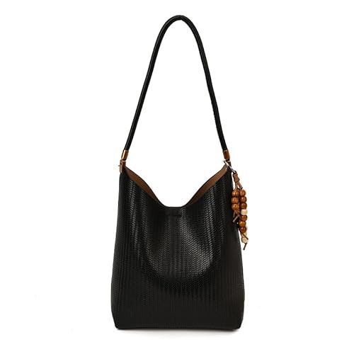 CHANGYUE PU Leder Retro -Einkaufstasche mit Anhänger gewebter Pendelhandtasche mit Geldbörse (schwarz) von CHANGYUE