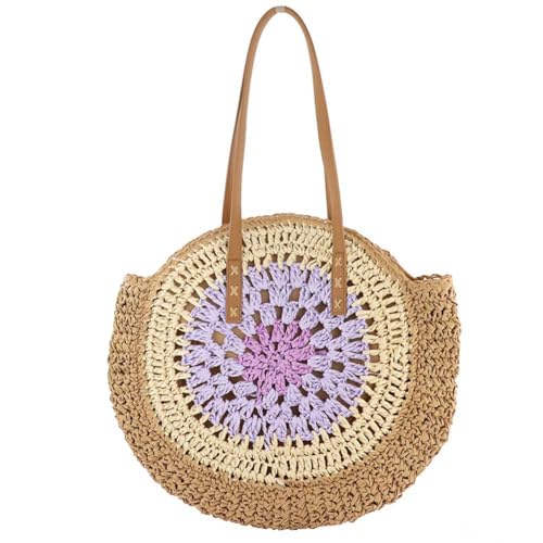 CHANGYUE Runde Sommer-Strohtasche mit Reißverschluss, Strand-Umhängetasche mit Farbkollision, Urlaubstasche, trendige Urlaubs-Reisehandtasche for Frauen und Mädchen von CHANGYUE