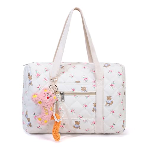 CHANGYUE Schultertasche mit Blumenbär-Motiv, großes Fassungsvermögen, gesteppte Tragetasche mit Reißverschluss for Frauen von CHANGYUE