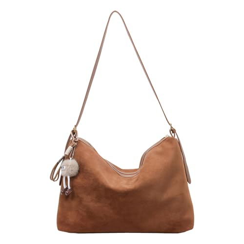 CHANGYUE Wildleder -Leder -Tasche Handtasche mit Anhänger großer Umhängetasche (braun) von CHANGYUE