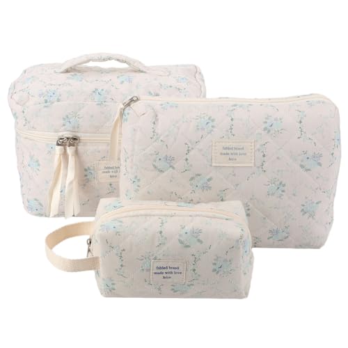 Damen 3-teilig Gesteppte Blumen-Make-up-Tasche, Reise-Kosmetiketui mit Griff, leichte, multifunktionale Kosmetik-Aufbewahrung for Make-up, Pinsel, Geldbörse von CHANGYUE