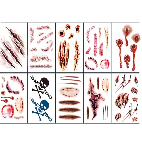 10 Blätter Halloween Tattoo Aufkleber Set, Kinder Erwachsene Temporäre Fake Tattoo Halloween Sticker Tattoos Zombie Vampir Hexe Narben Gruselig Fasching Gesichtstattoo Gruselig Make up Requisiten von CHANGZHONG