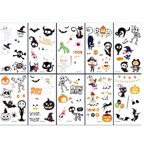 10 Blätter Halloween Tattoo Aufkleber Set, Leuchtende Tattoo Aufkleber Kinder Erwachsene Temporäre Fake Tattoo Halloween Sticker Tattoos Fasching Gesichtstattoo Gruselig Make up Requisiten von CHANGZHONG