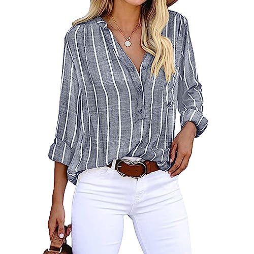 CHAOEN Bluse Damen Streifen Leinenhemd mit V-Ausschnitt Langarm Lockere Passform Blusenshirt Solide Oberteil Elegant mit Knöpfen Oversize von CHAOEN