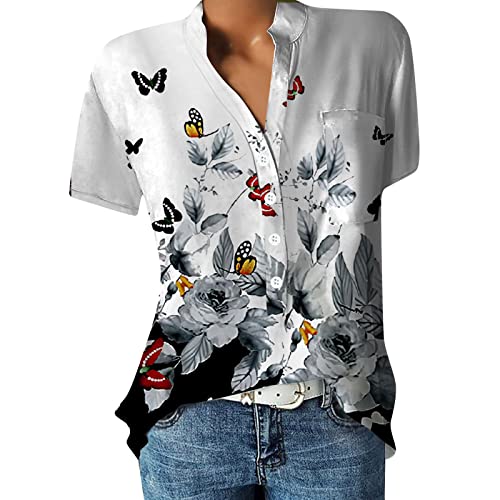 CHAOEN Bluse Damen V-Ausschnitt Kurzarm Hemdbluse Oversize Lässige Loose Sommer Tunika Shirt Oberteile Mode Blumen Drucken Arbeithemd Damenbluse mit Knöpfen von CHAOEN