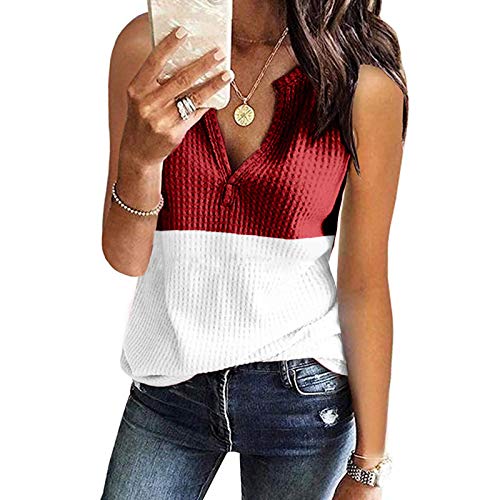 CHAOEN Damen Ärmellos Bluse Oberteile Tshirt V-Ausschnitte Sommershirts Mode Lose Damenblusen Shirt Waffel Strick Elegante Hemdbluse T-Shirt von CHAOEN