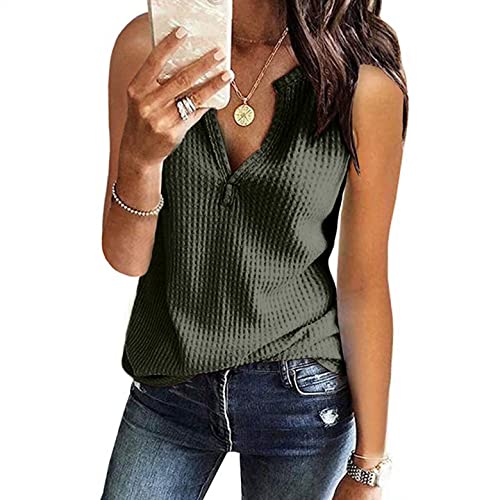 CHAOEN Damen Ärmellos Bluse Oberteile Tshirt V-Ausschnitte Sommershirts Mode Lose Damenblusen Shirt Waffel Strick Elegante Hemdbluse T-Shirt, AEHOWEJJ_0505, Y-grün, 3XL von CHAOEN