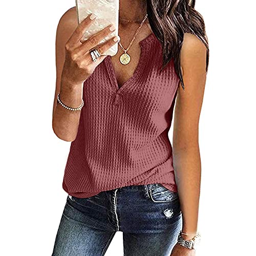 CHAOEN Damen Ärmellos Bluse Oberteile Tshirt V-Ausschnitte Sommershirts Mode Lose Damenblusen Shirt Waffel Strick Elegante Hemdbluse T-Shirt von CHAOEN