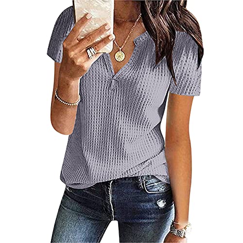 CHAOEN Damen Kurzarm Oberteile Tshirt V-Ausschnitte Bluse Sommershirts Mode Lose Damenblusen Shirt Waffel Strick Elegante Hemdbluse T-Shirt von CHAOEN