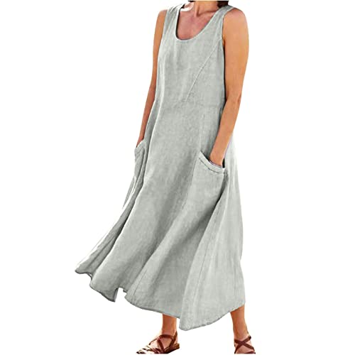 CHAOEN Damen Leinenkleid Sommer ärmelloses Rundhals Boho Sommerkleid Strandkleid Locker Kaftan Langes Kaftan Kleid mit Taschen Fließende Baumwoll Leinen Kleid Blusekleider von CHAOEN