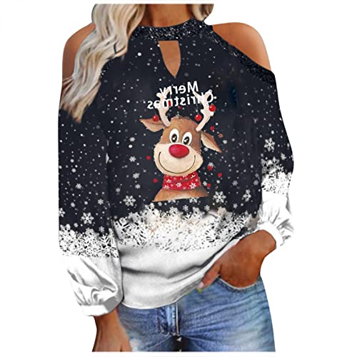 CHAOEN Damen Pullover Weihnachten Schulterfrei Langarm Loose Weihnachtspullover Frauen Herbst Winter Casual Rentier Druck Sweatshirts Pullis von CHAOEN