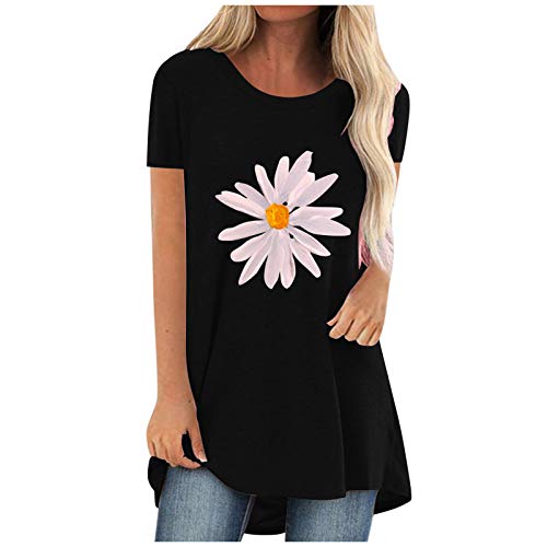 CHAOEN Damen Sommer T-Shirt Kurzarm Tunika Oberteile Blumen Motiv Kurzarmshirt Rundhals Locker Tshirt Blickdicht Sportshirt Longshirt Lange Bluse von CHAOEN