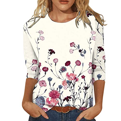 CHAOEN Damen T-Shirt 3/4 Arm Oberteile Tops Bunte Blumenmuste Tunika Shirt Lose Rundhals Sommershirts Mode Damenblusen Langarmshirt Elegant Bluse von CHAOEN