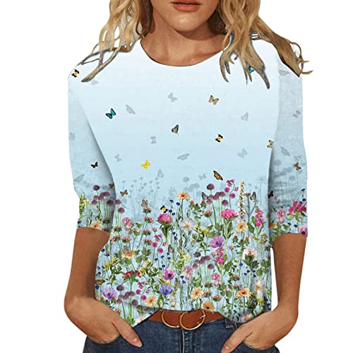 CHAOEN Damen T-Shirt 3/4 Arm Oberteile Tops Bunte Blumenmuste Tunika Shirt Lose Rundhals Sommershirts Mode Damenblusen Langarmshirt Elegant Bluse von CHAOEN