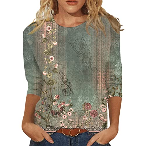 CHAOEN Damen T-Shirt 3/4 Arm Oberteile Tops Bunte Blumenmuste Tunika Shirt Lose Rundhals Sommershirts Mode Damenblusen Langarmshirt Elegant Bluse von CHAOEN