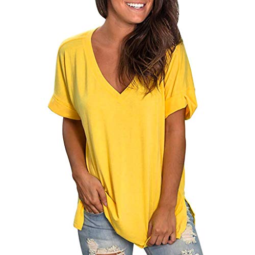 CHAOEN Kurzarm Shirt Damen Oversize T-Shirt Oberteile V-Ausschnitt Tunika Sommer Bequemer Lockere Longshirt Blusen Freizeit Einfarbig Top von CHAOEN