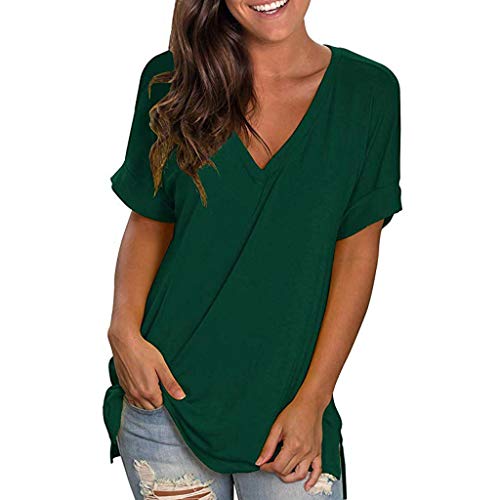 CHAOEN Kurzarm Shirt Damen Oversize T-Shirt Oberteile V-Ausschnitt Tunika Sommer Bequemer Lockere Longshirt Blusen Freizeit Einfarbig Top von CHAOEN