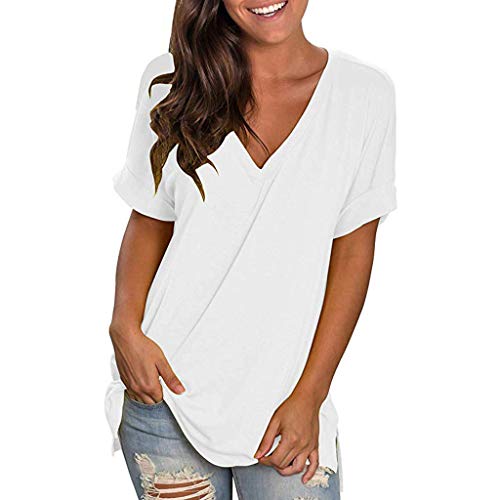 CHAOEN Kurzarm Shirt Damen Oversize T-Shirt Oberteile V-Ausschnitt Tunika Sommer Bequemer Lockere Longshirt Blusen Freizeit Einfarbig Top von CHAOEN