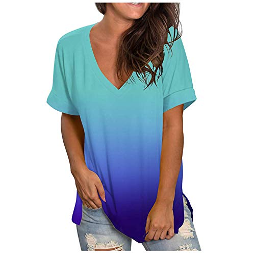 CHAOEN Kurzarm Shirt Damen Oversize T-Shirt Oberteile V-Ausschnitt Tunika Sommer Bequemer Lockere Longshirt Blusen Freizeit Gradient Top von CHAOEN