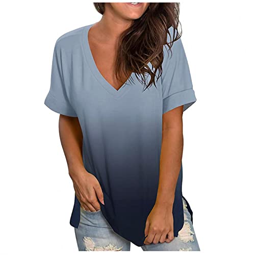 CHAOEN Kurzarm Shirt Damen Oversize T-Shirt Oberteile V-Ausschnitt Tunika Sommer Bequemer Lockere Longshirt Blusen Freizeit Gradient Top von CHAOEN