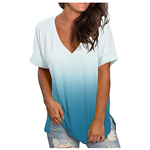 CHAOEN Kurzarm Shirt Damen Oversize T-Shirt Oberteile V-Ausschnitt Tunika Sommer Bequemer Lockere Longshirt Blusen Freizeit Gradient Top von CHAOEN