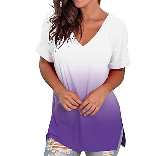 CHAOEN Kurzarm Shirt Damen Oversize T-Shirt Oberteile V-Ausschnitt Tunika Sommer Bequemer Lockere Longshirt Blusen Freizeit Gradient Top von CHAOEN