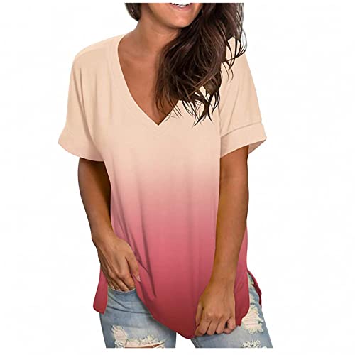 CHAOEN Kurzarm Shirt Damen Oversize T-Shirt Oberteile V-Ausschnitt Tunika Sommer Bequemer Lockere Longshirt Blusen Freizeit Gradient Top von CHAOEN