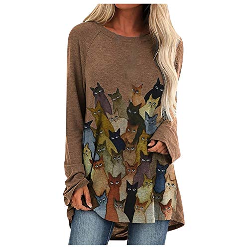 CHAOEN Pullover Damen Oversized Langarmshirt Katzenmotiv Rundhals Oberteile Freizeit Große Größen Langarm Tunika Pulli Grau/Khaki/Wine von CHAOEN