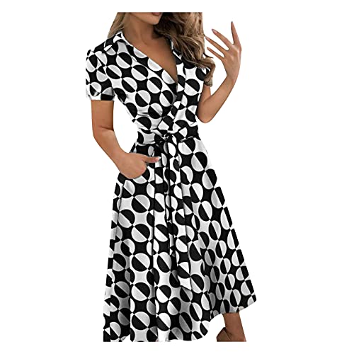 CHAOEN Sommerkleid Damen Elegant Blusenkleid Kurzarm V-Ausschnitt Midi Kleid Einfarbig Cocktailkleid Partykleid Lose A-Linie Shirtkleid Business Kleider mit Gürtel von CHAOEN