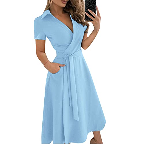 CHAOEN Sommerkleid Damen Elegant Blusenkleid Kurzarm V-Ausschnitt Midi Kleid Einfarbig Cocktailkleid Partykleid Lose A-Linie Shirtkleid Business Kleider mit Gürtel von CHAOEN