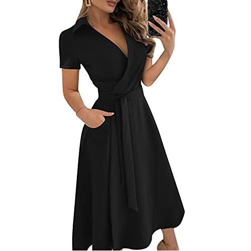 CHAOEN Sommerkleid Damen Elegant Blusenkleid Kurzarm V-Ausschnitt Midi Kleid Einfarbig Cocktailkleid Partykleid Lose A-Linie Shirtkleid Business Kleider mit Gürtel von CHAOEN