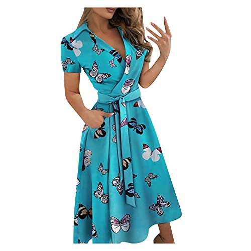 CHAOEN Sommerkleid Damen Elegant Blusenkleid Kurzarm V-Ausschnitt Schmetterling Motiv Midi Kleid Cocktailkleid Partykleid Lose A-Linie Shirtkleid Business Kleider mit Gürtel von CHAOEN