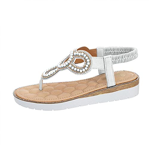 CHAOEN Zehentrenner Damen Sandalen Keilabsatzsandalen Strand Plateau Sandaletten Bohemian Perlen Sommerschuhe Flip Flops Frauen Freizeit Flach Strandschuhe von CHAOEN