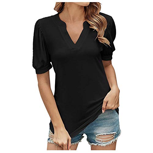 Damen Bluse Kurzarm Oberteile Tshirt V-Ausschnitte Sommershirts Mode Lose Damenblusen Shirt Waffel Strick Elegante Hemdbluse T-Shirt von CHAOEN