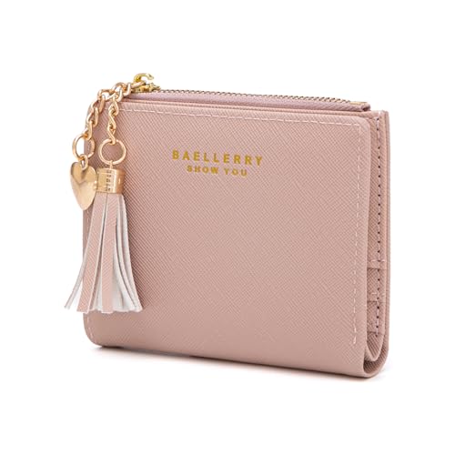 CHAOFANXI Damen Geldbeutel Leder Kleines Portemonnaie, Mini Kurzer Geldbeutel Frauen Leder mit Zipper Brieftasche mit vielen Fächern für Bargeld, Münze und Karte,Rosa von CHAOFANXI