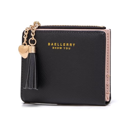 CHAOFANXI Damen Geldbeutel Leder Kleines Portemonnaie, Mini Kurzer Geldbeutel Frauen Leder mit Zipper Brieftasche mit vielen Fächern für Bargeld, Münze und Karte,Schwarz von CHAOFANXI