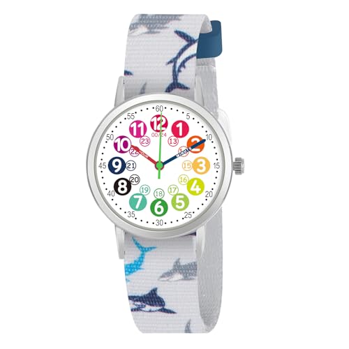 CHAOTECHY Kinderuhr für Mädchen und Jungens. Kleine Kinder Lernen die Zeit kennen und leicht zu lesen. Justierbares Nylon Armband, Analog Uhr für Jungens und Mädchen zwischen 4 bis 11 Jahren (Hai) von CHAOTECHY
